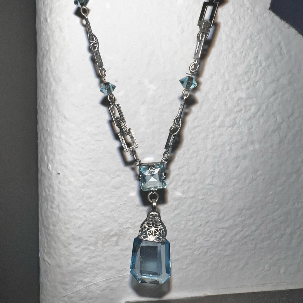 1920s EDWARDIAN • Titanic style • Filagree Necklace with Blue Topaz Glass Stones